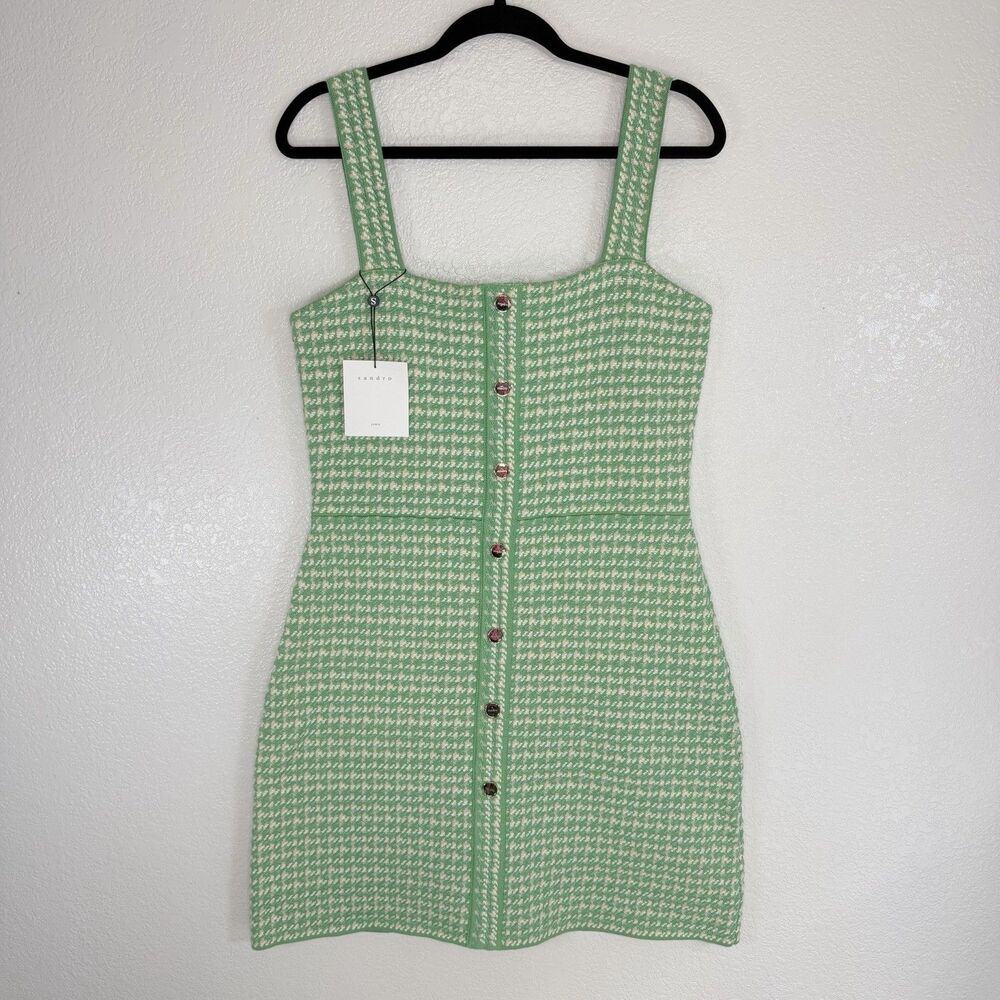 Sandro Lea Organic Cotton Blend Tweed Dress Green Size 40 Square Neck Sleeveless